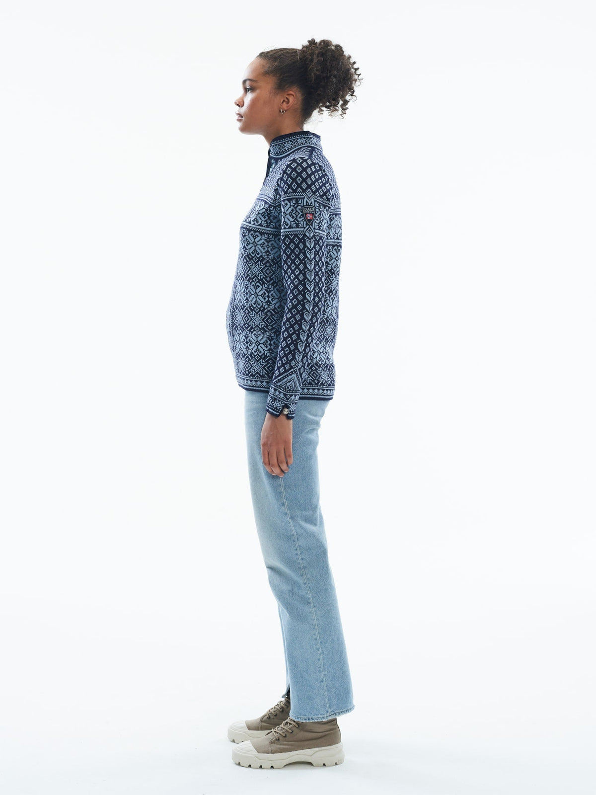 Dale of Norway Peace Sweater, women’s, Navy/Ice Blue – side on model