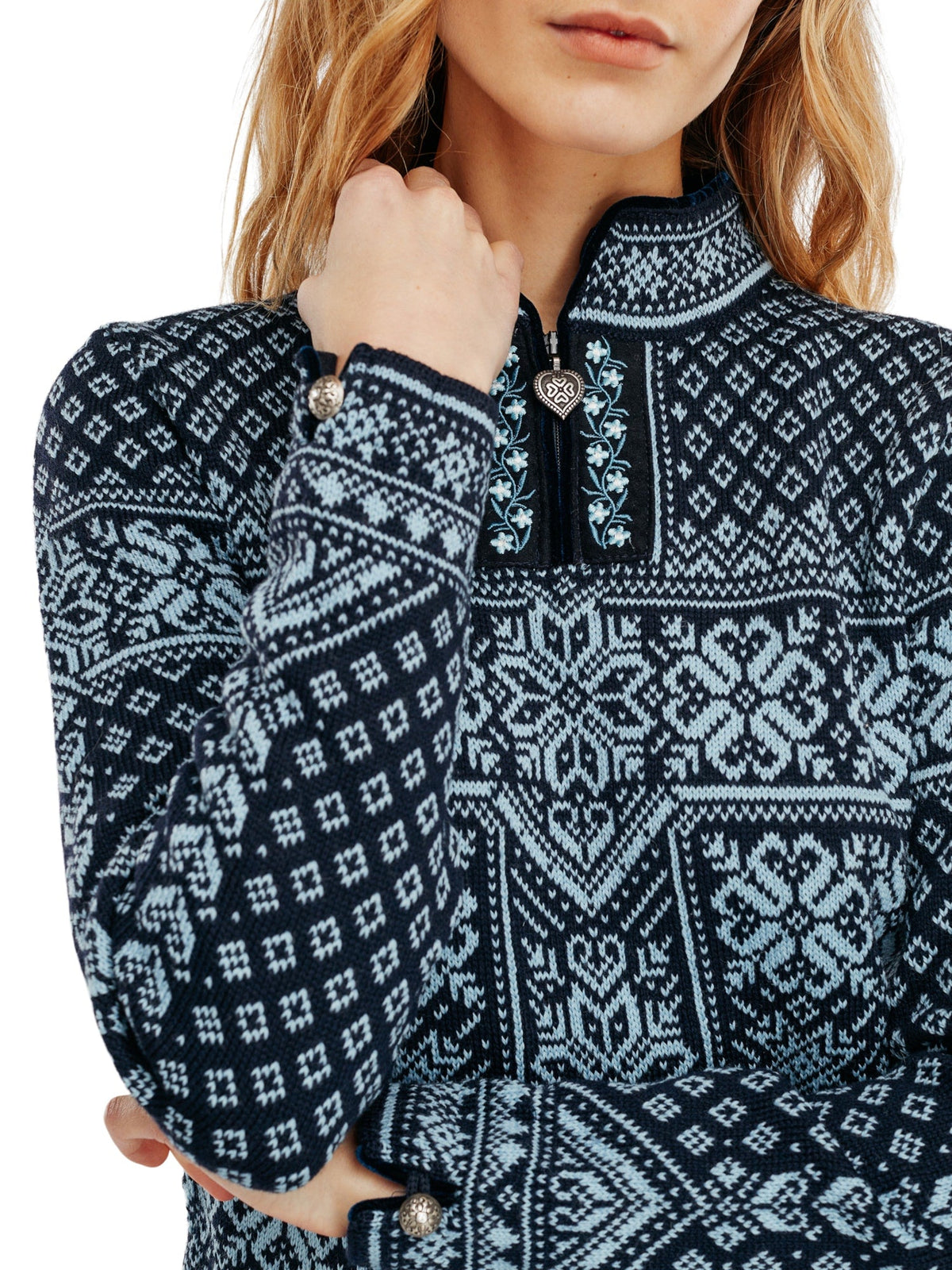Dale of Norway Peace Sweater, women’s, Navy/Ice Blue – pattern and cuff detail