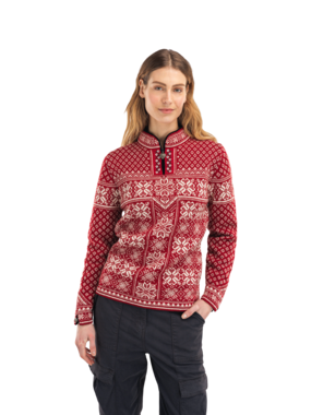 Dale of Norway Peace Sweater, women’s, Red Rose/Off White – front on model