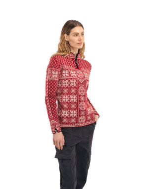 Dale of Norway Peace Sweater, women’s, Red Rose/Off White – side on model