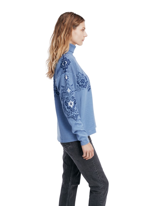 Dale of Norway Rosendal Sweater, women’s, Blue Shadow/Indigo – side on model
