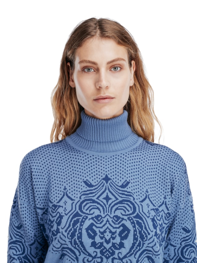 Dale of Norway Rosendal Sweater, women’s, Blue Shadow/Indigo – collar and chest detail