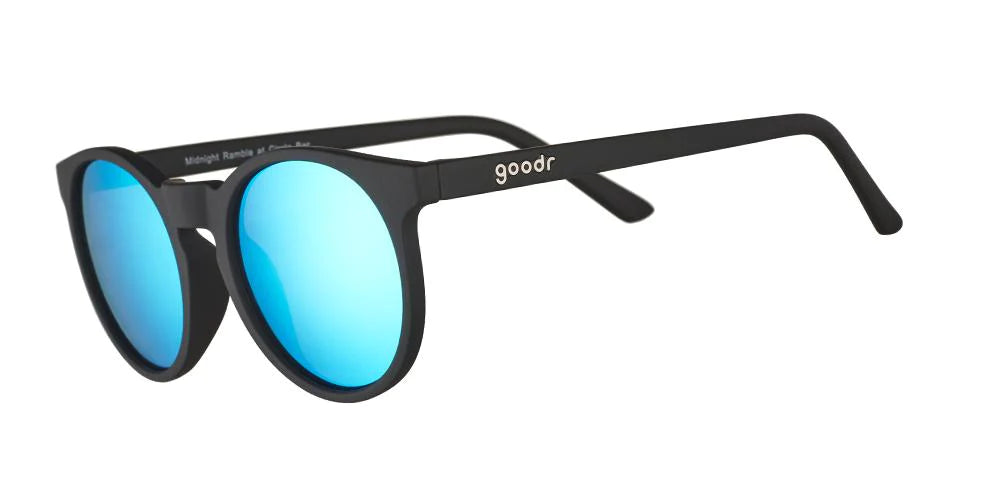goodr circle g sunglasses. Black with Blue lenses. Front/Lateral view.