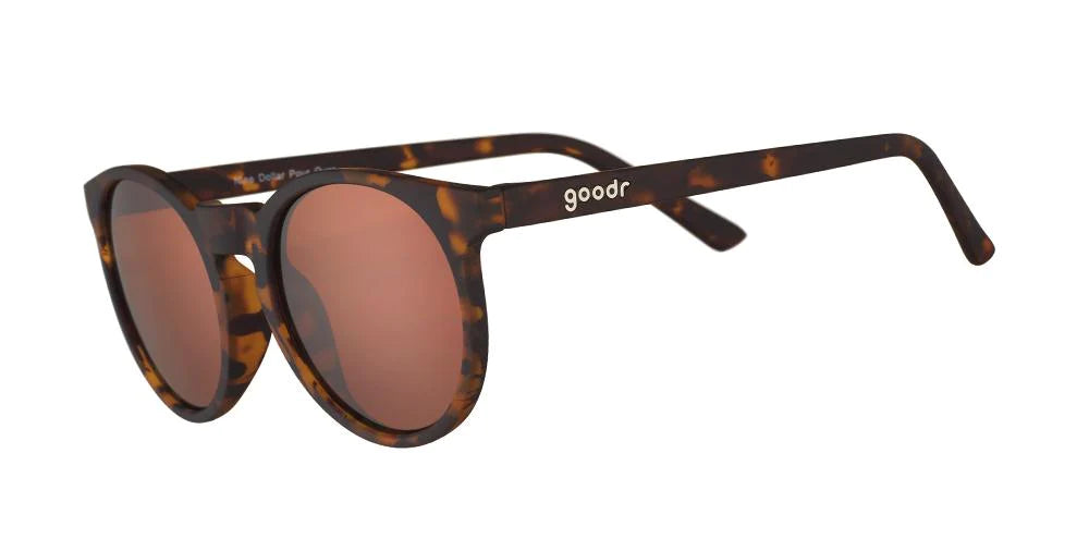 goodr circle g sunglasses. Brown. Front/Lateral view.