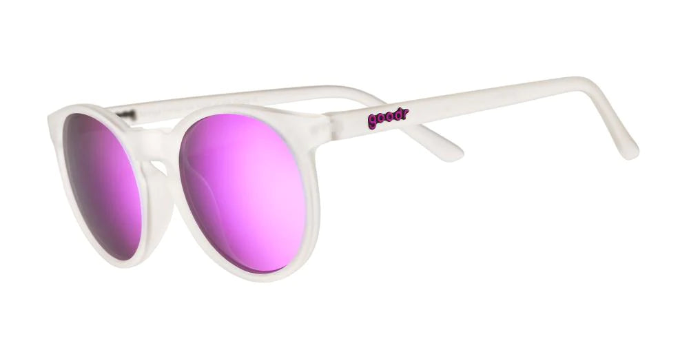 goodr circle g sunglasses. White with Pink lenses. Front/Lateral view.