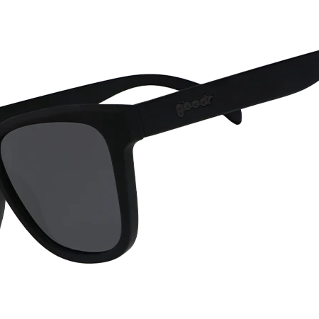 Goodr Sunglasses. OG. Black with Black Lenses. Front/Lateral View.