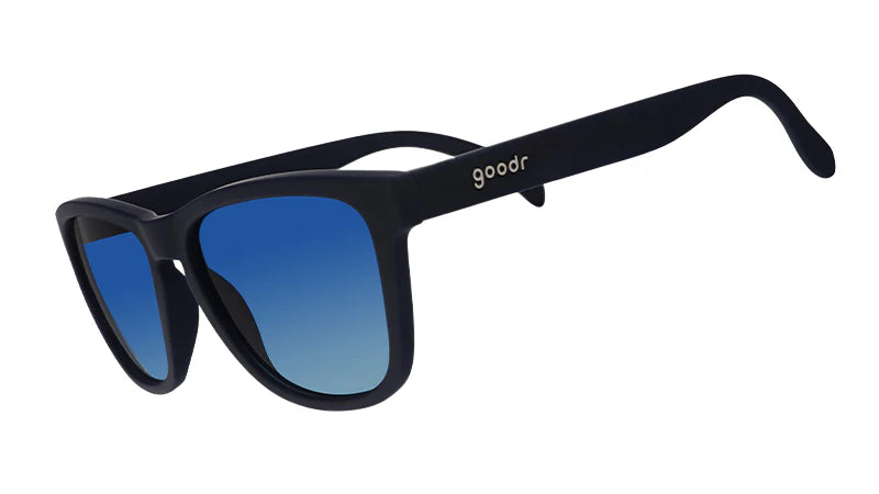 Goodr Sunglasses. OG. Black with Dark Blue Lenses. Front/Lateral View.