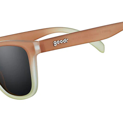 Goodr Sunglasses. OG. Brown and White. Front/Lateral View.