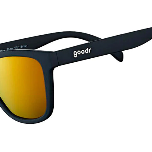 Goodr Sunglasses. OG. Navy with Orange Lenses. Front/Lateral View.