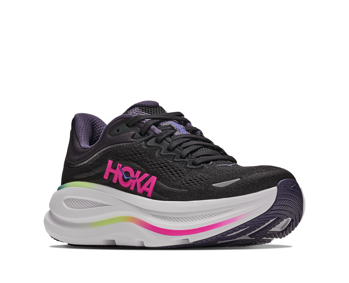 Women's HOKA Bondi 9 in Black/Neon Dragonfruit — lateral view.