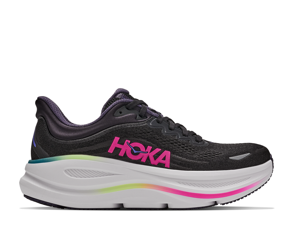 Women's HOKA Bondi 9 in Black/Neon Dragonfruit — alternate lateral view.