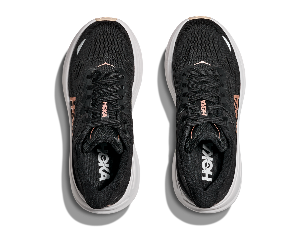 Women's HOKA Bondi 9 in Black/Rose Gold — top view.