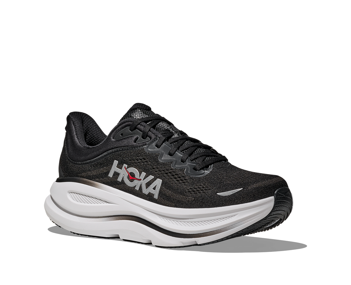 Men's HOKA Bondi 9 in Black/Vermillion — lateral view.