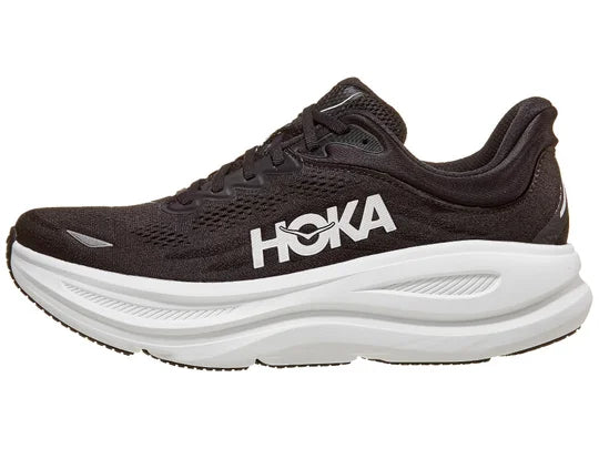 Men's HOKA Bondi 9 in Black/White — lateral view.