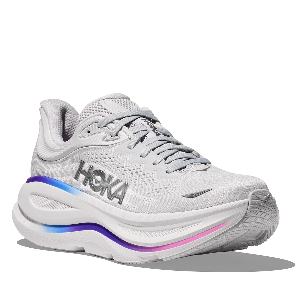 Women's HOKA Bondi 9 in Cosmic Grey/White — lateral view.