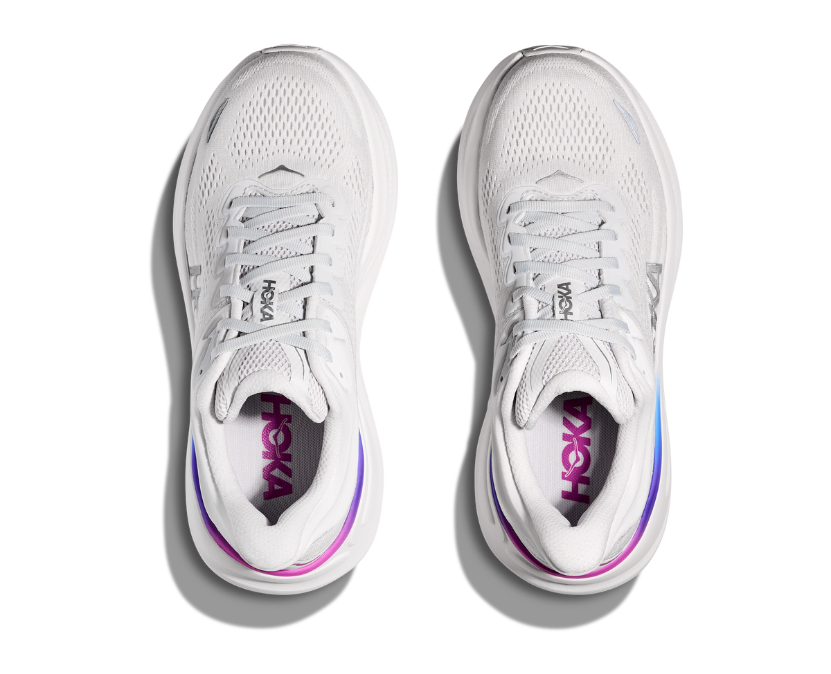 Women's HOKA Bondi 9 in Cosmic Grey/White — top view.