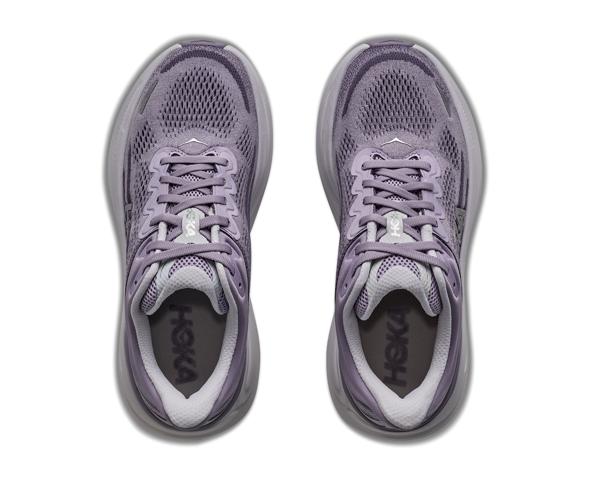 Women's HOKA Bondi 9 in Purple Fog/Mellow Lilac — top view.