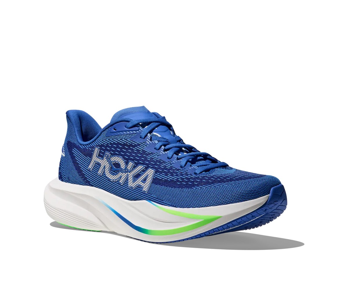 Men's HOKA Mach 7 in Cobalt Blue/Neon Green, lateral view.