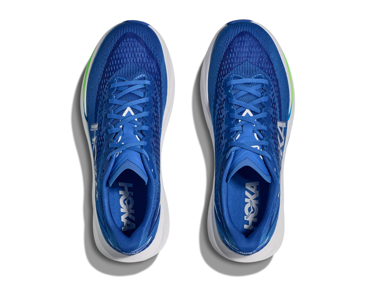 Men's HOKA Mach 7 in Cobalt Blue/Neon Green, top view.