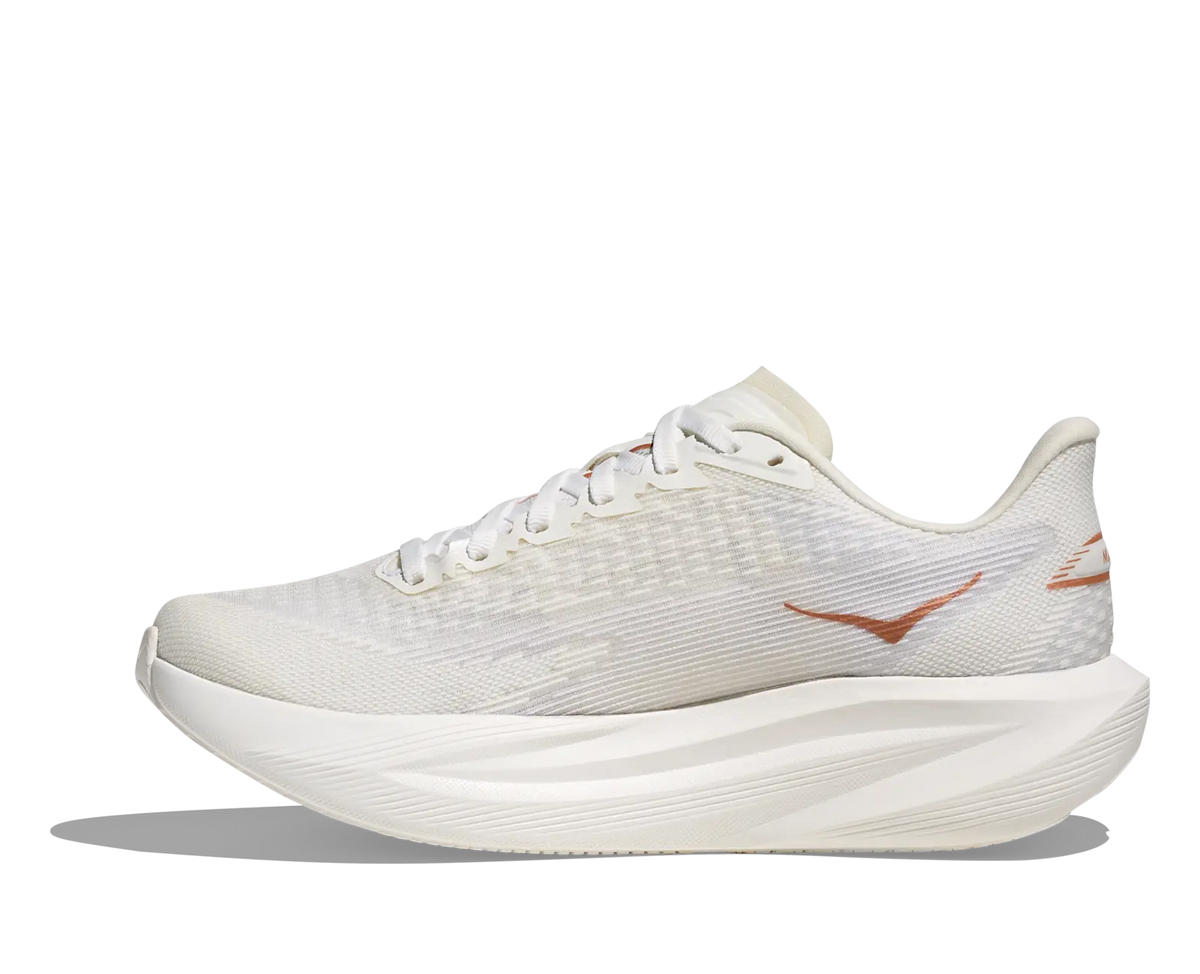 Women's HOKA Mach 7 in Frost/Rose Gold, medial view.