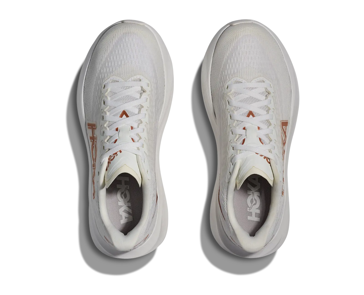 Women's HOKA Mach 7 in Frost/Rose Gold, top view.