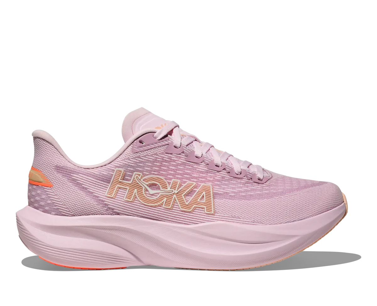 Women's HOKA Mach 7 in Lilac Cream/Tangerine Glow, side view.