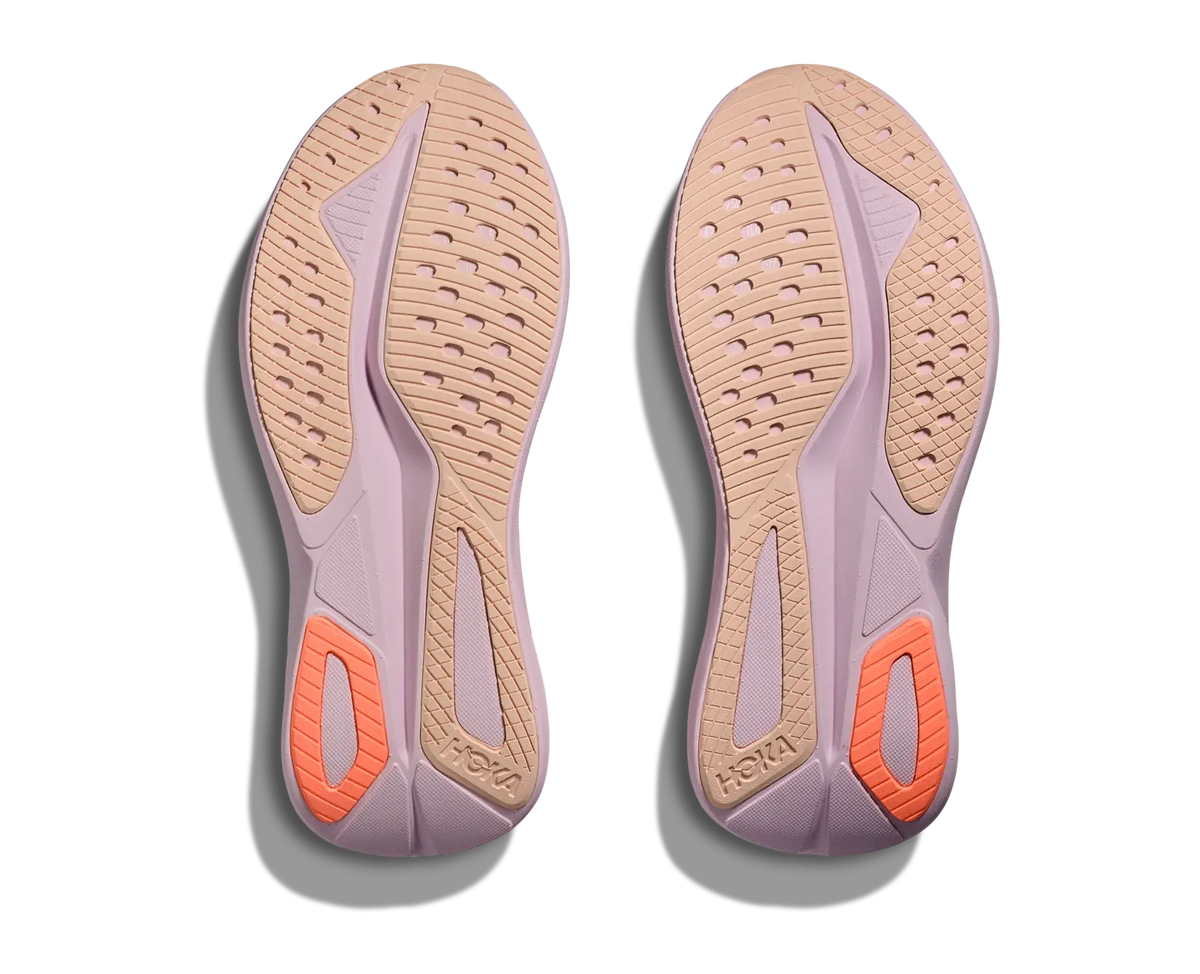 Women's HOKA Mach 7 in Lilac Cream/Tangerine Glow, outsole view.