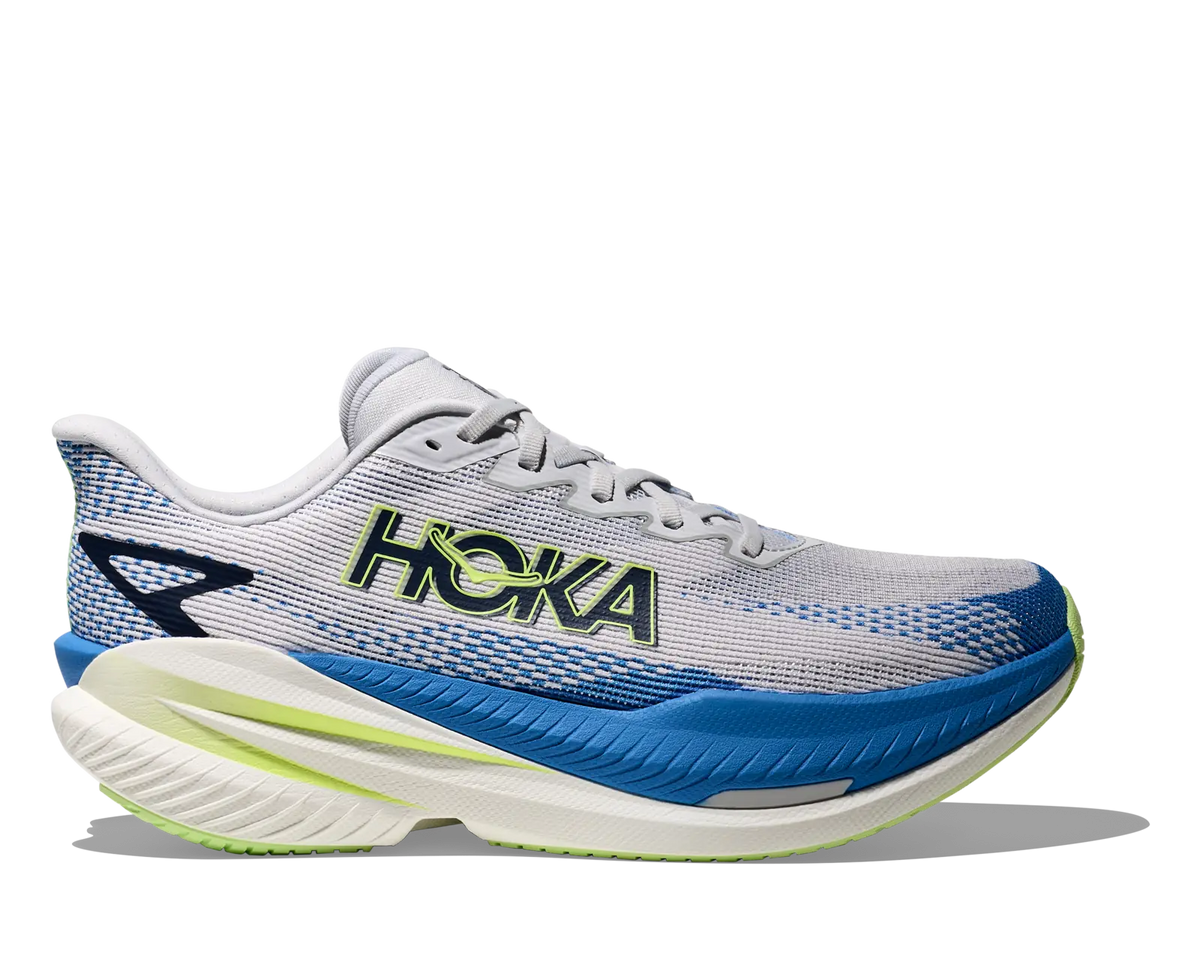 Men's Hoka Mach X3 in Cosmic Grey/Virtual Blue, lateral side view.