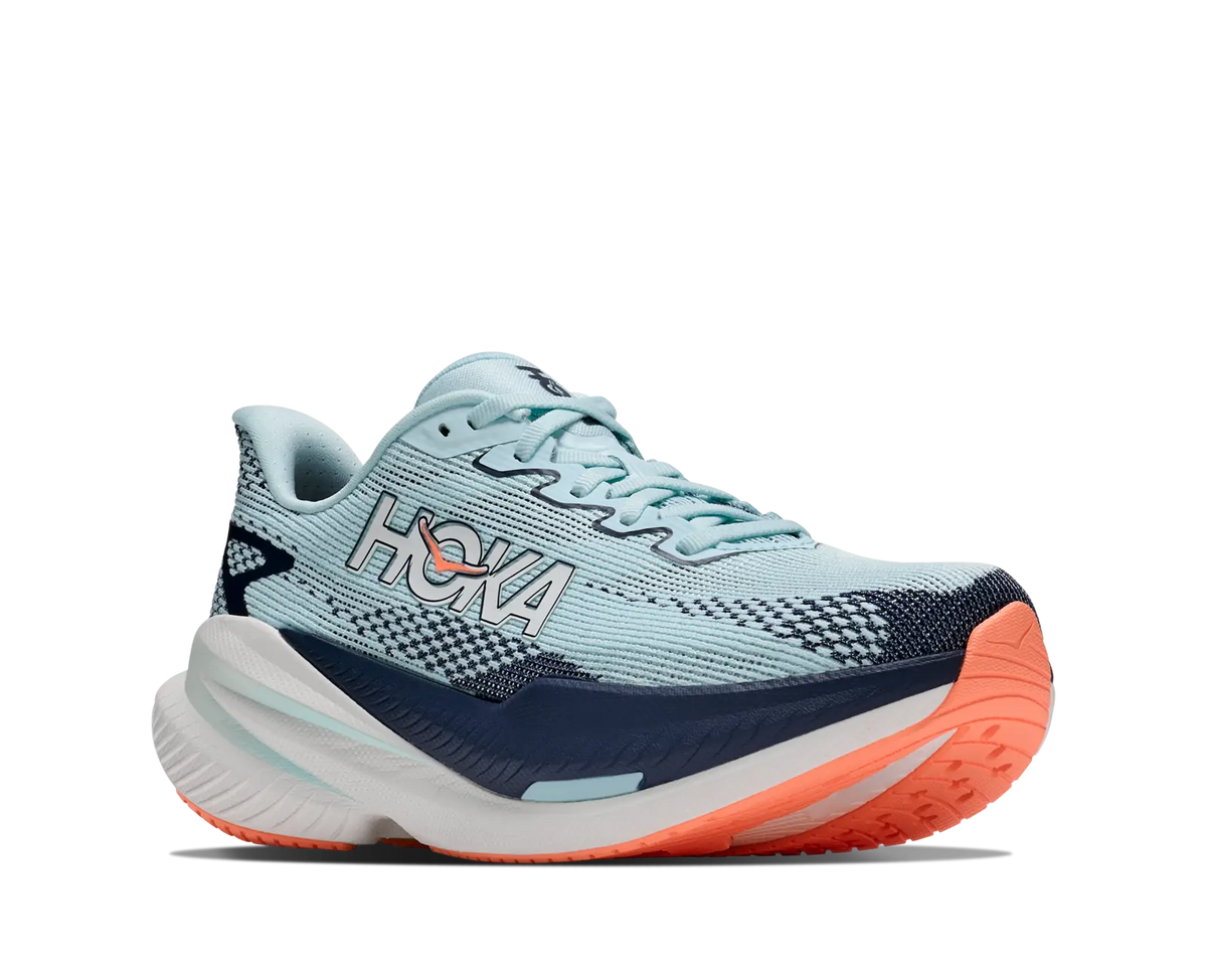 Women's Hoka Mach X3 in Glimmering Blue/Varsity Navy, three-quarter lateral view.