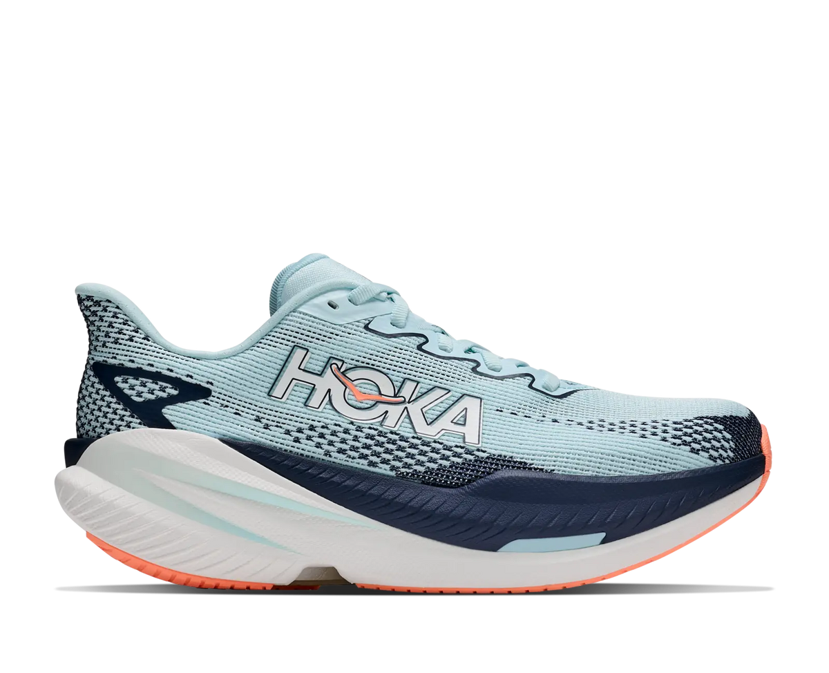 Women's Hoka Mach X3 in Glimmering Blue/Varsity Navy, lateral side view.