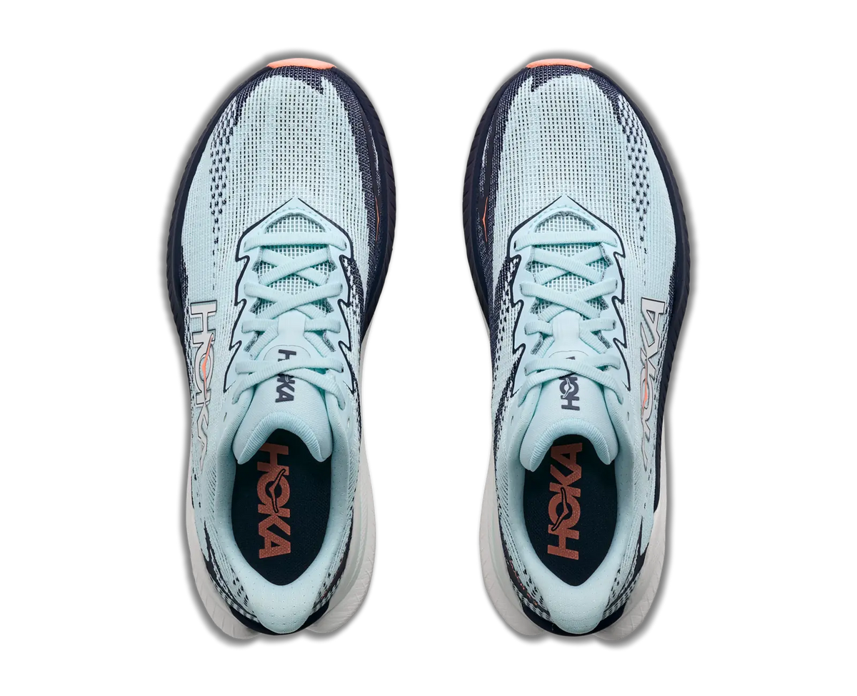 Pair of women's Hoka Mach X3 shoes in Glimmering Blue/Varsity Navy, top view.