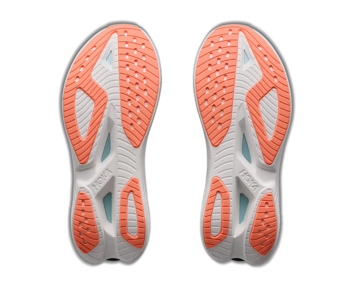 Pair of women's Hoka Mach X3 shoes in Glimmering Blue/Varsity Navy, outsole view.
