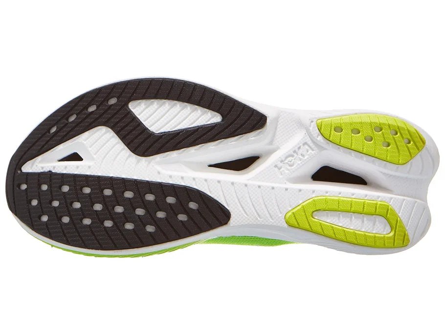 Pair of women's Hoka Mach X3 shoes in White/Neon Lime, outsole view.