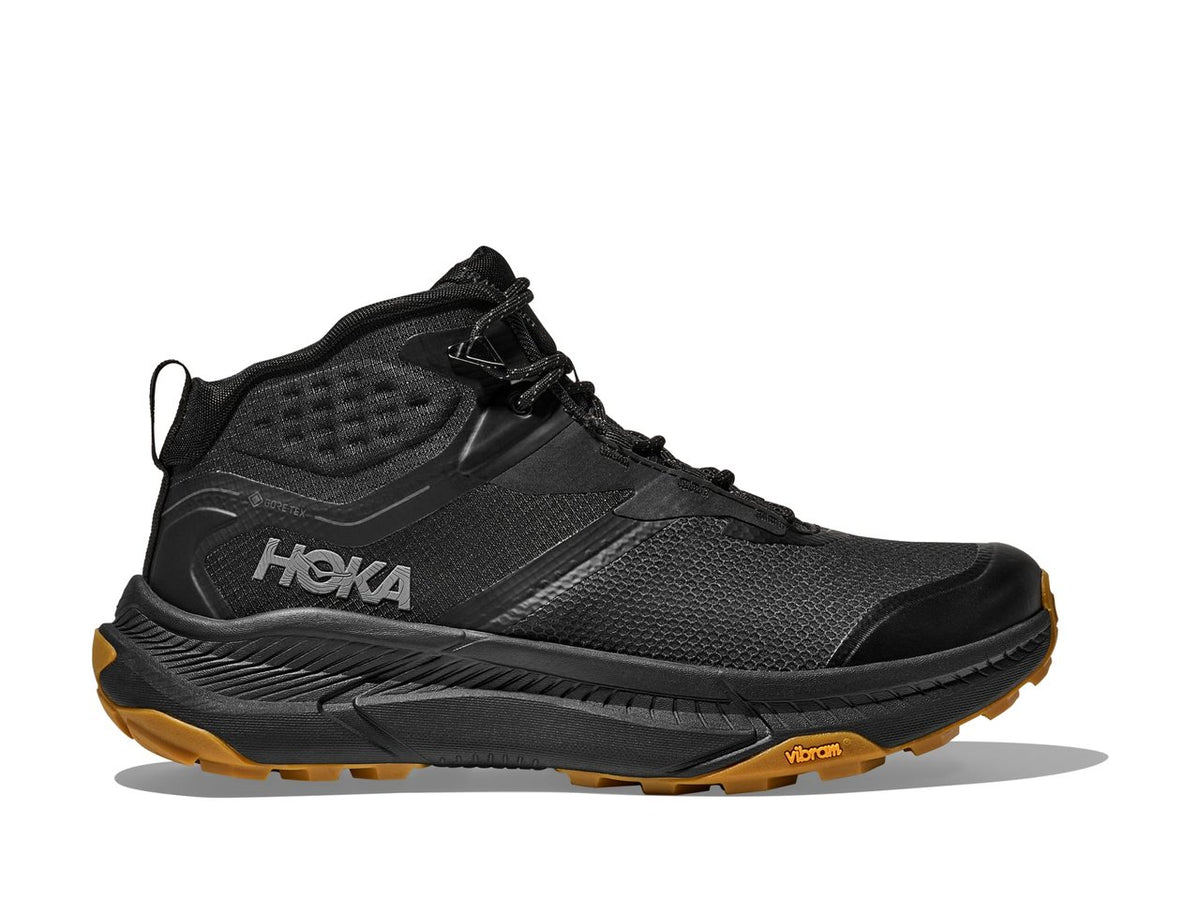 HOKA Transport Hike GTX men's hiking shoe in Black/Black, lateral side view