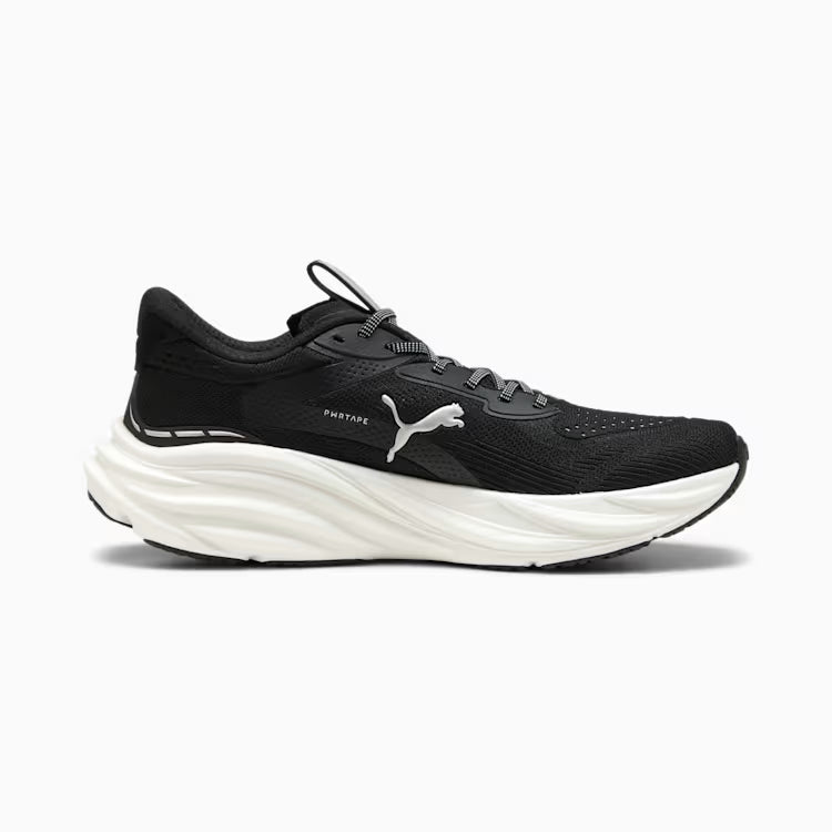 Black running shoe with white sole on a light gray background
