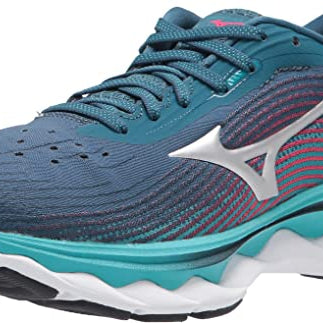 Women's Mizuno Wave Sky 5. Blue upper. White midsole. Lateral view.