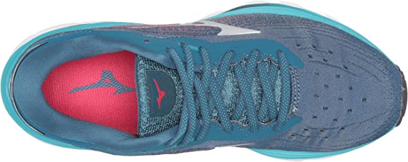 Women's Mizuno Wave Sky 5. Blue upper. White midsole. Top view.