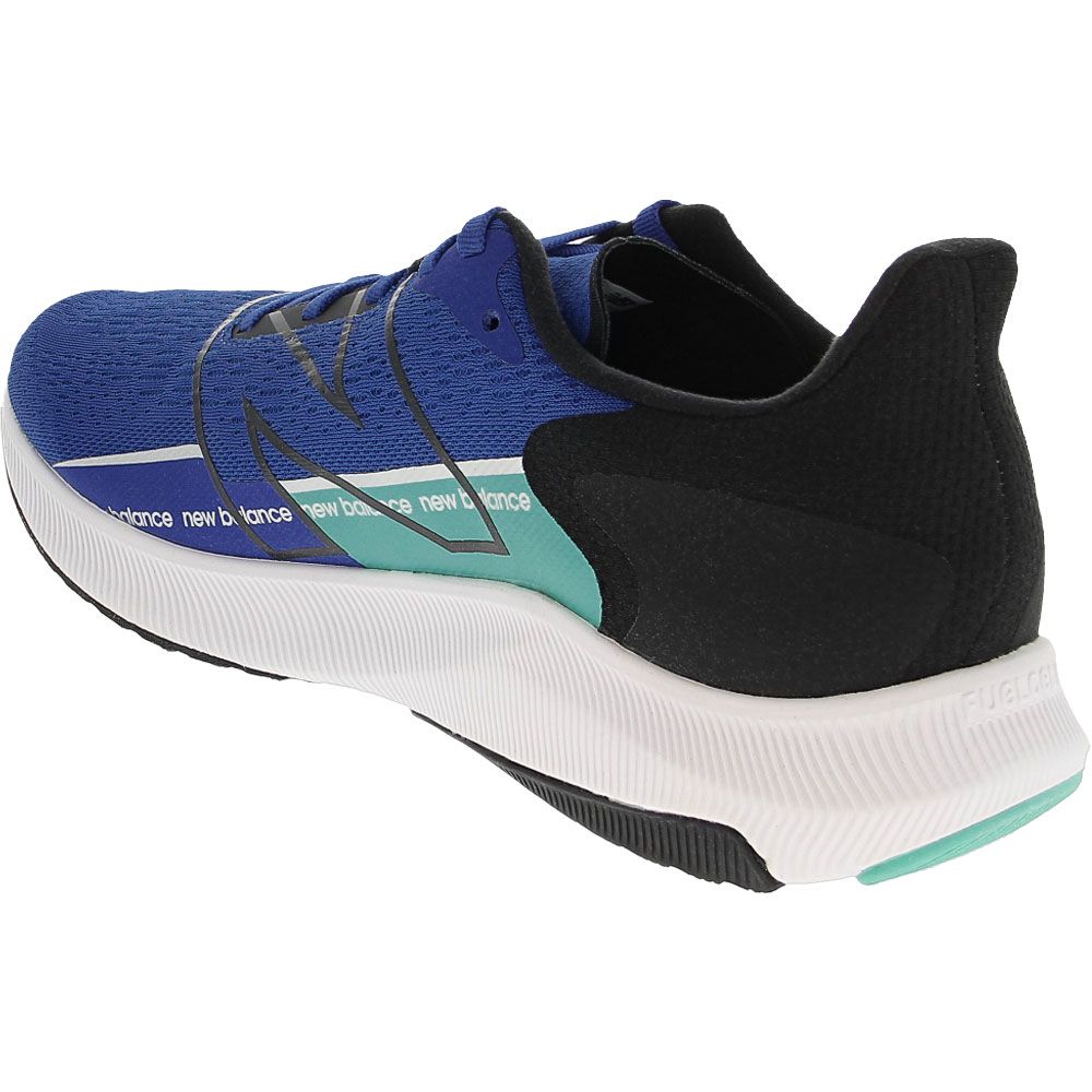 Men's New Balance FuelCell Propel v2. Blue upper. White midsole. Rear/Medial view.