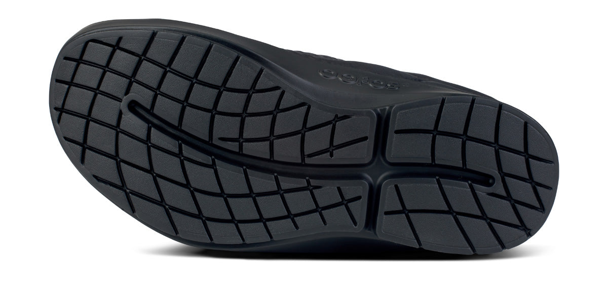OOFOS OOcoozie Thermo Mule in Black women's recovery slipper outsole view