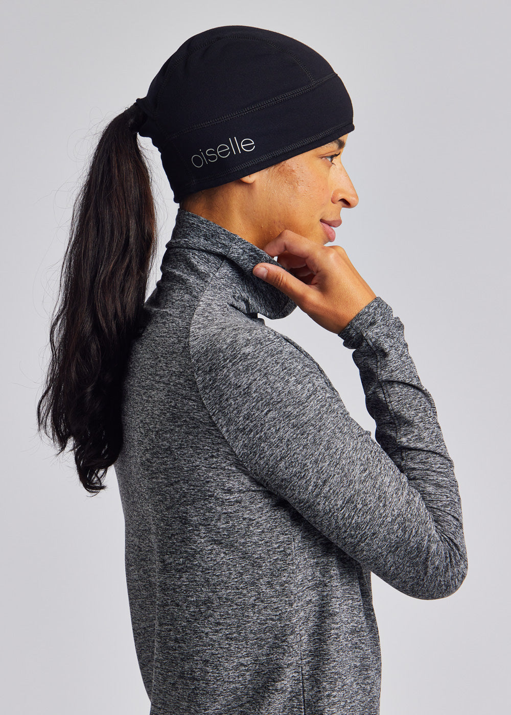 Women's Oiselle Power Move Beanie in Black, front view.