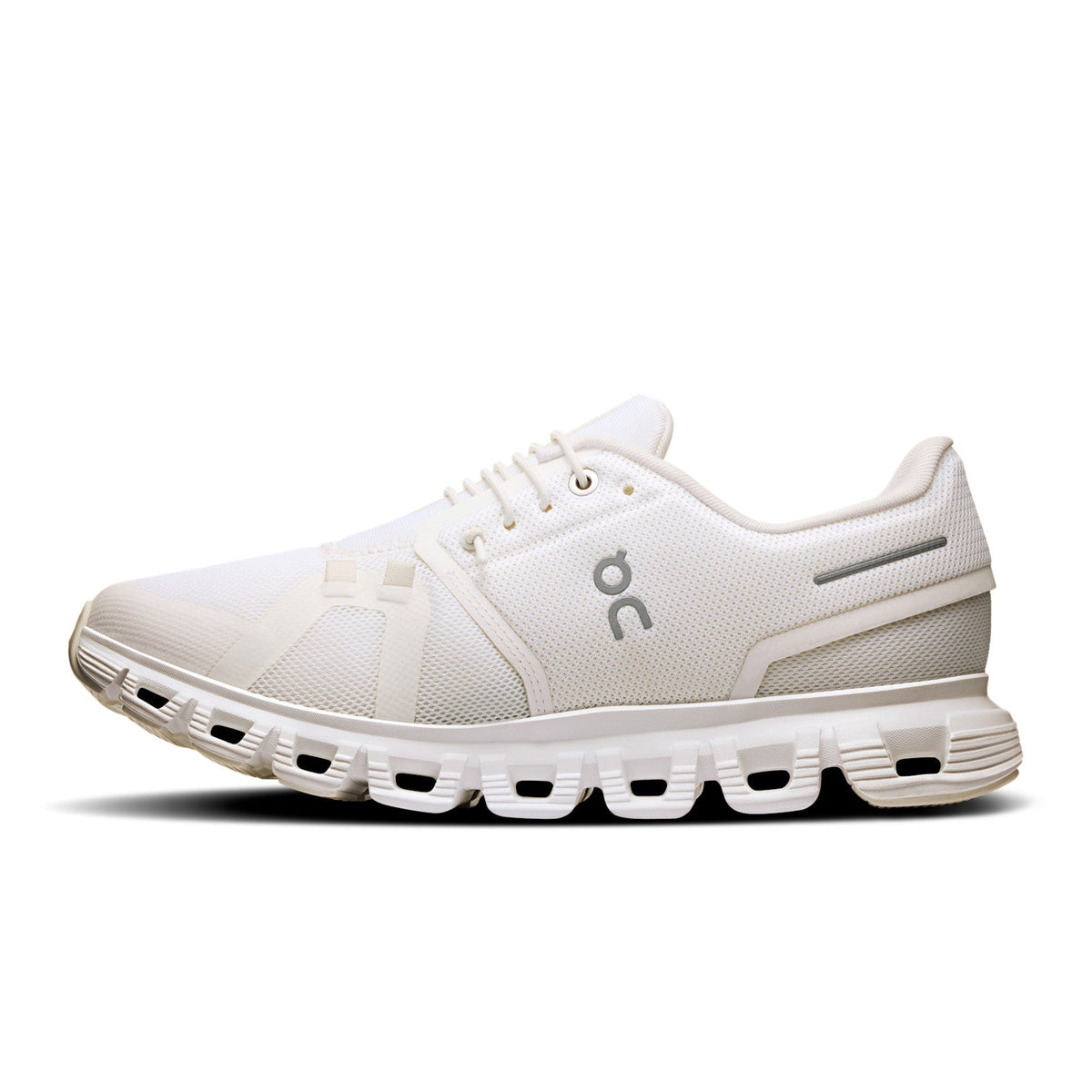 Women's On Cloud 6 in White/White, medial view.