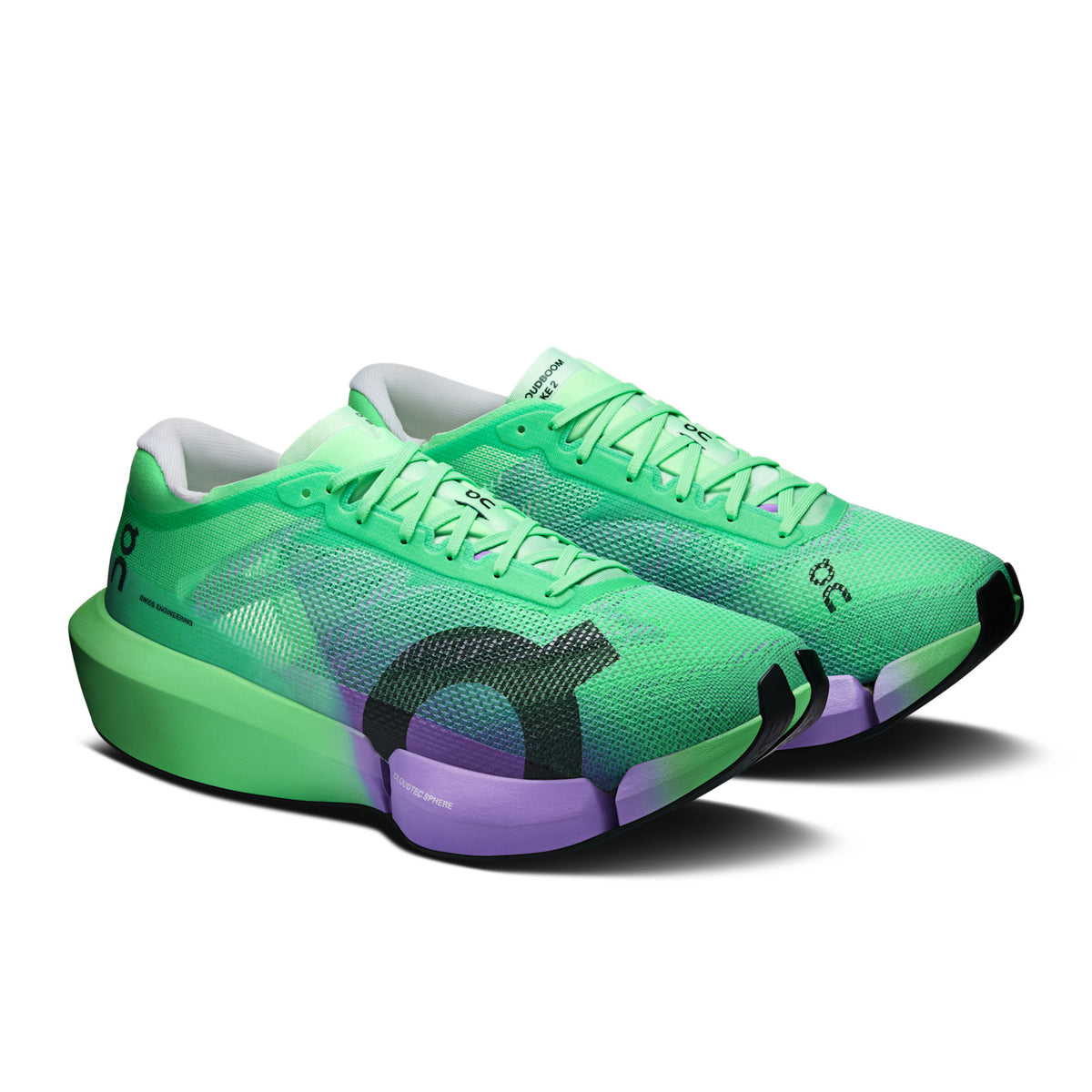 On Running Cloudboom Strike 2 unisex running shoe in Verdite/Aconite — front three-quarter view of the pair