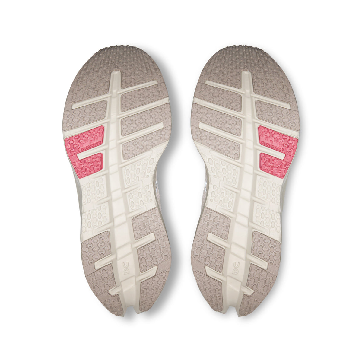 On Running Cloudrunner 3 women's running shoe in Oyster/Camellia — outsole view of the pair
