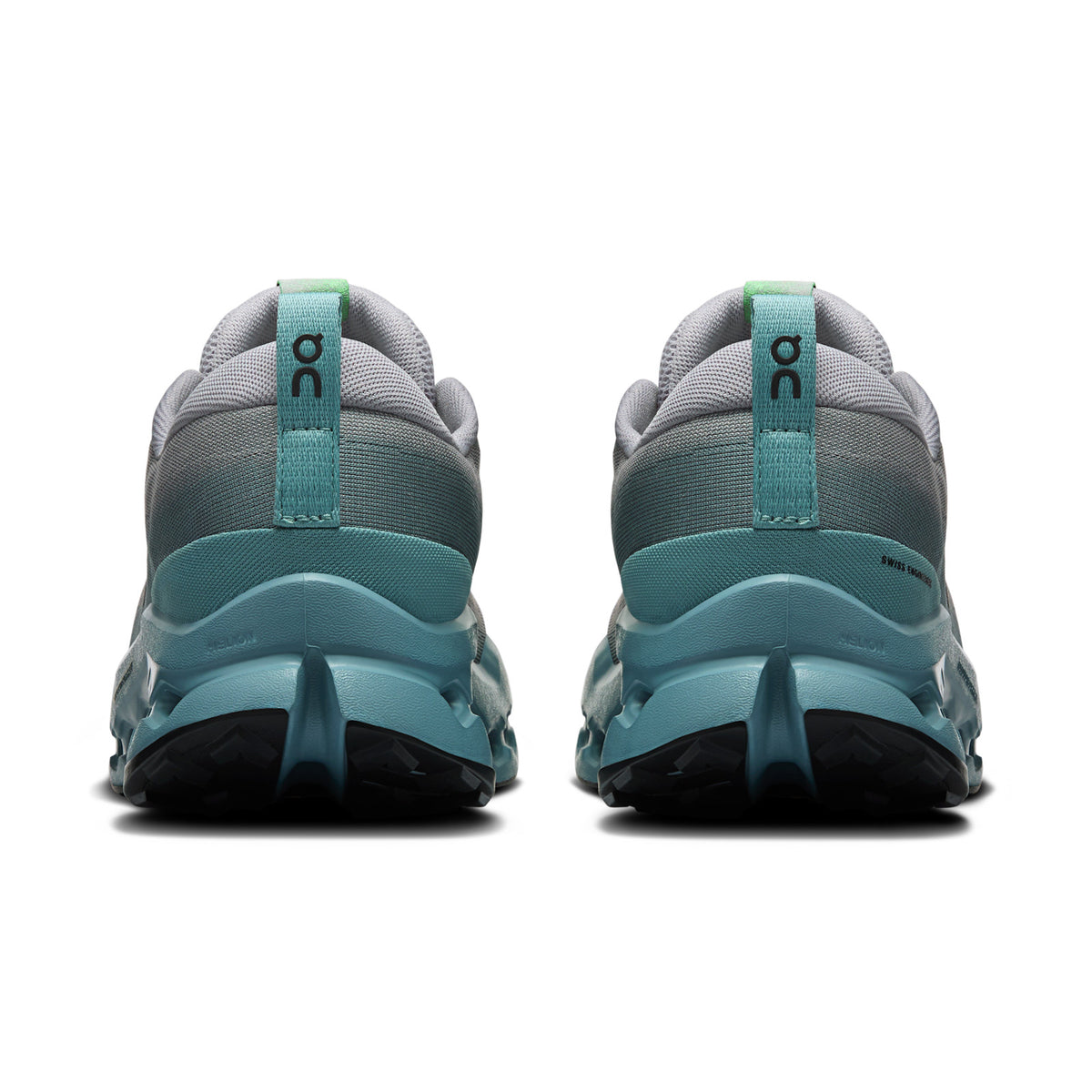 On Running Cloudsurfer Trail 2 men's trail running shoe in Platinum/Tide — rear view of the pair