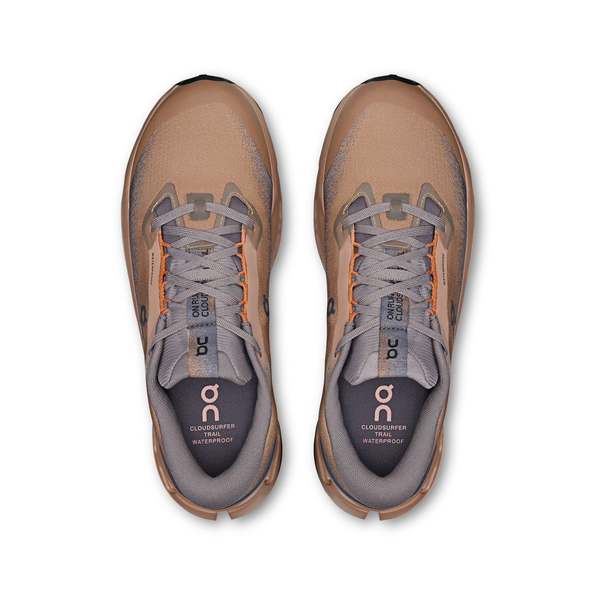 On Running Cloudsurfer Trail 2 Waterproof men's trail running shoe in Portobello/Pebble — top view of the pair