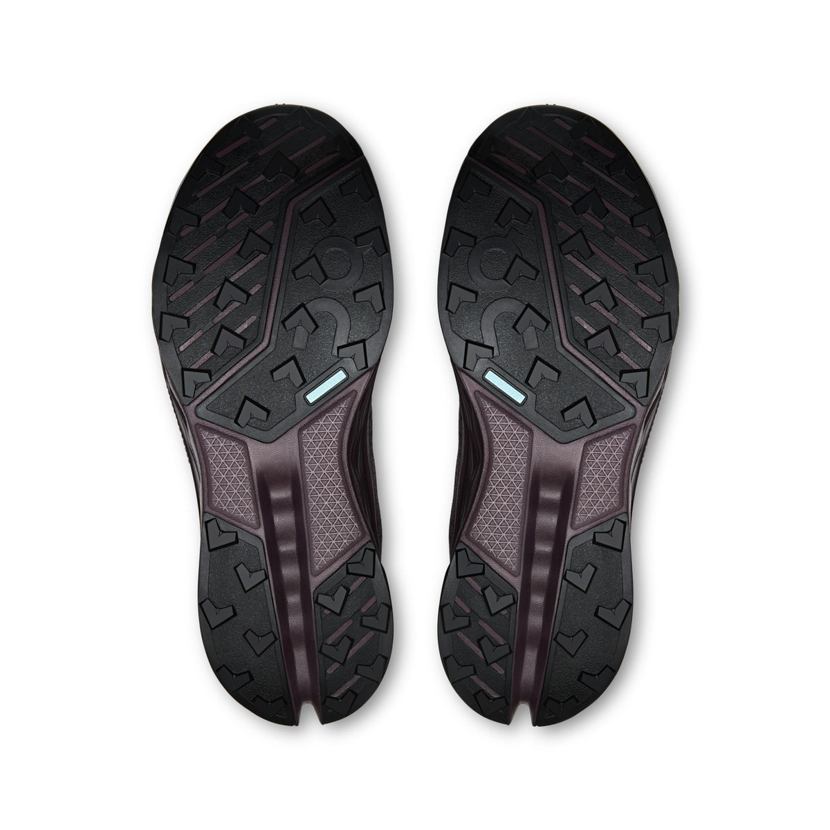On Running Cloudsurfer Trail 2 Waterproof women's trail running shoe in Urchin/Pebble — outsole view of the pair