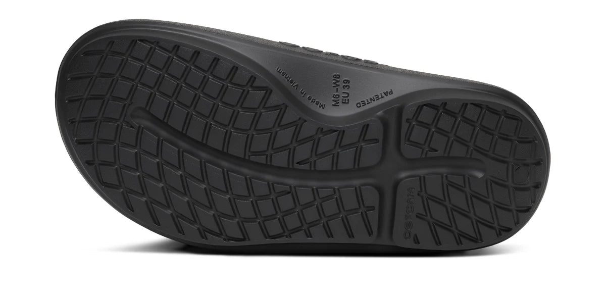 Unisex Oofos OOahh PLUS Slide in Black, outsole view.
