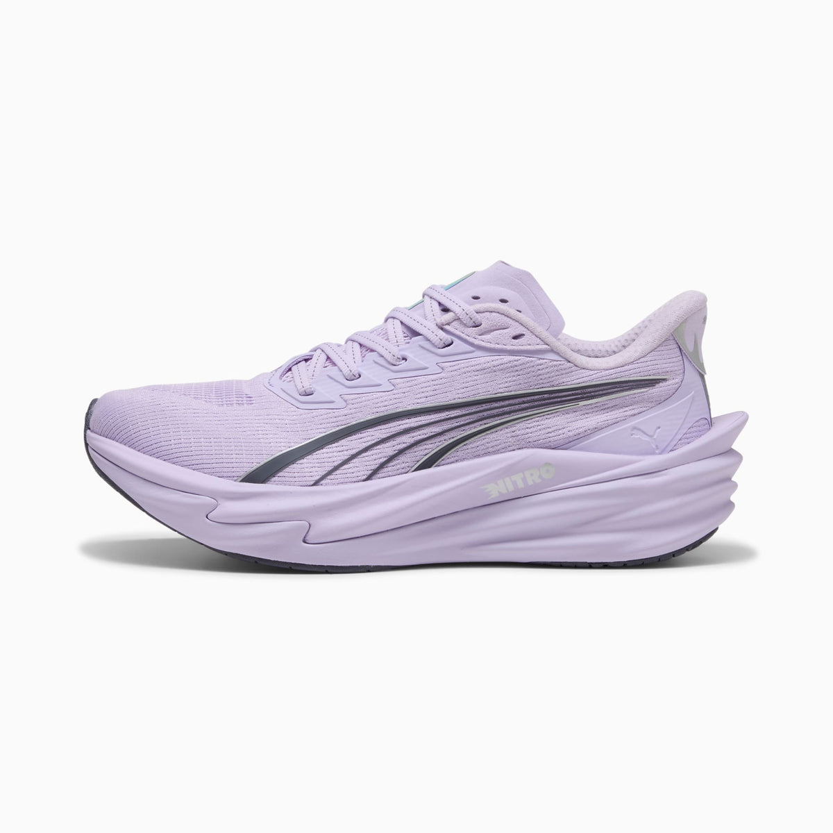 PUMA Deviate NITRO 4 women's running shoe in Light Lavender/Inky Depths — side profile