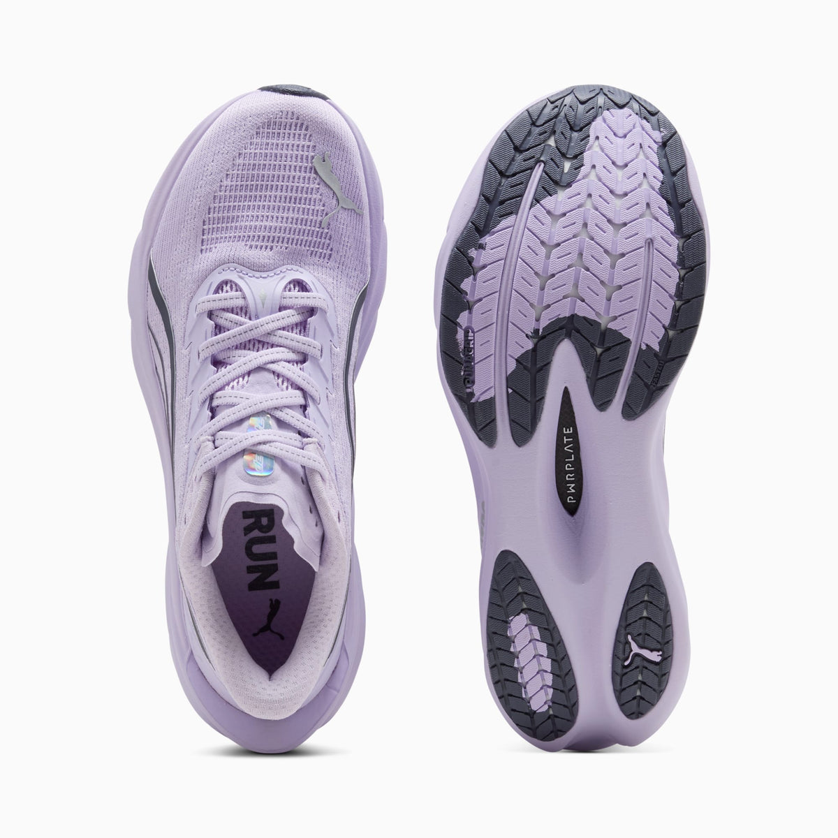 PUMA Deviate NITRO 4 women's running shoe in Light Lavender/Inky Depths — top and outsole views