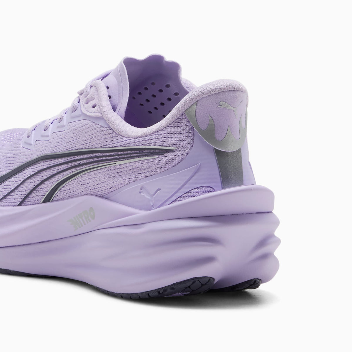 PUMA Deviate NITRO 4 women's running shoe in Light Lavender/Inky Depths — heel and cushioning detail